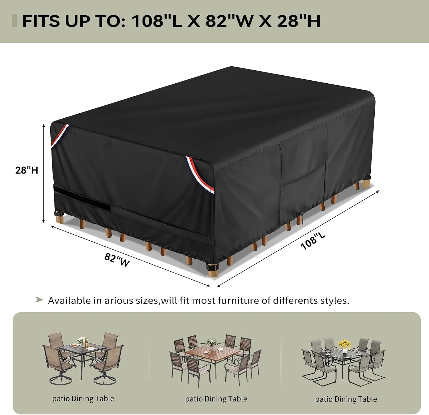 KylinLucky Patio Furniture Covers Waterproof 600D Heavy Duty - 108 x 82 inch All-Weather Outdoor Dining Set Cover for 9ft x 6ft Table and Chairs
