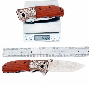 Labstandard Pocket Folding Knife with 3.5”Stainless Steel blade and wood handle -Folding hunting camping Knife with liner-lock and pocket clip