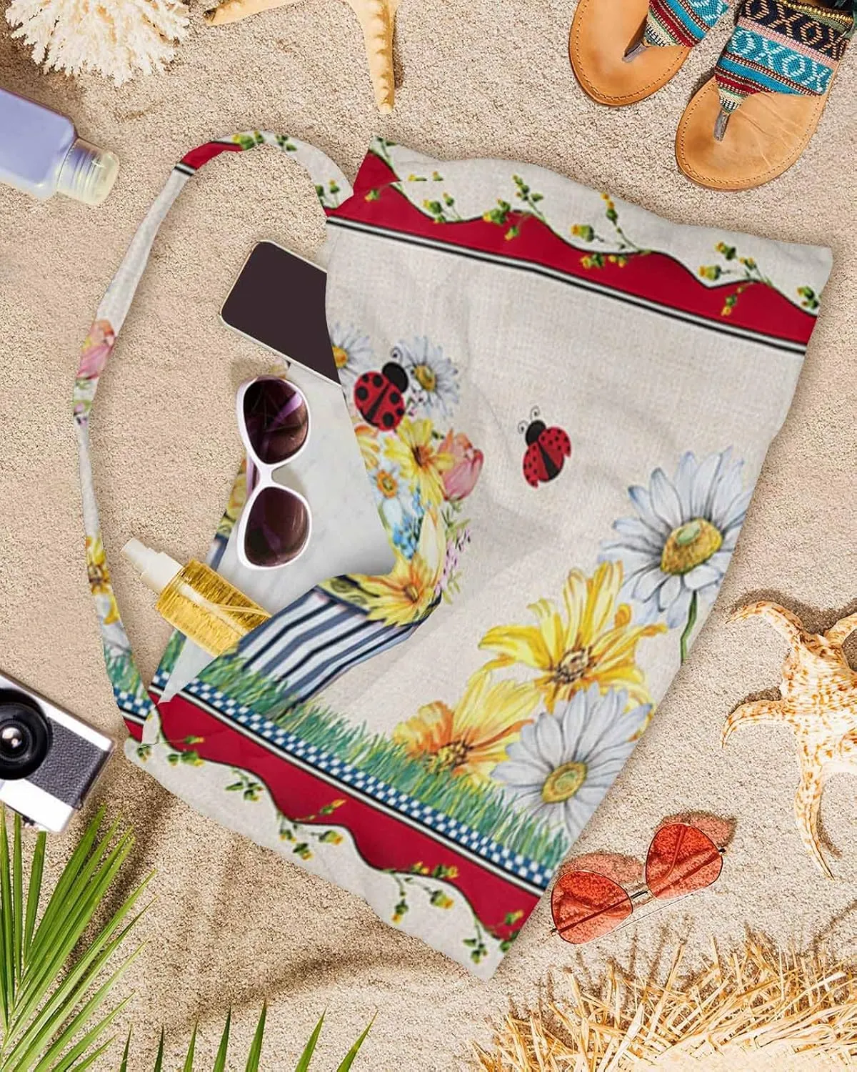 Ladybug Gnomes Chaise Lounger Cover with Pockets, Pool Lounge Chair Covers 85"x29", Summer Spring Flroal Tulip Microfiber Beach Chair Cover for Outdoor Patio Sunbathing