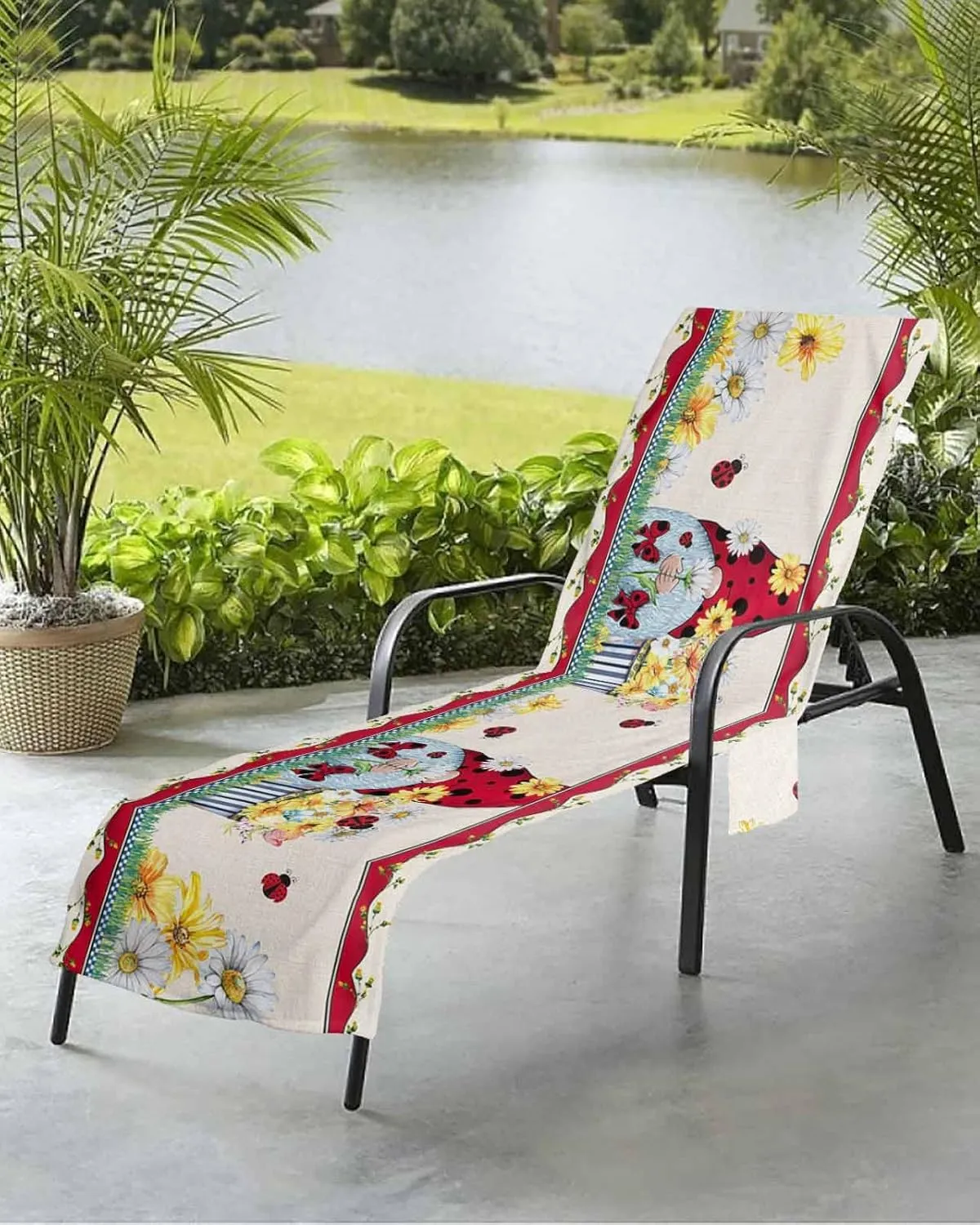 Ladybug Gnomes Chaise Lounger Cover with Pockets, Pool Lounge Chair Covers 85"x29", Summer Spring Flroal Tulip Microfiber Beach Chair Cover for Outdoor Patio Sunbathing
