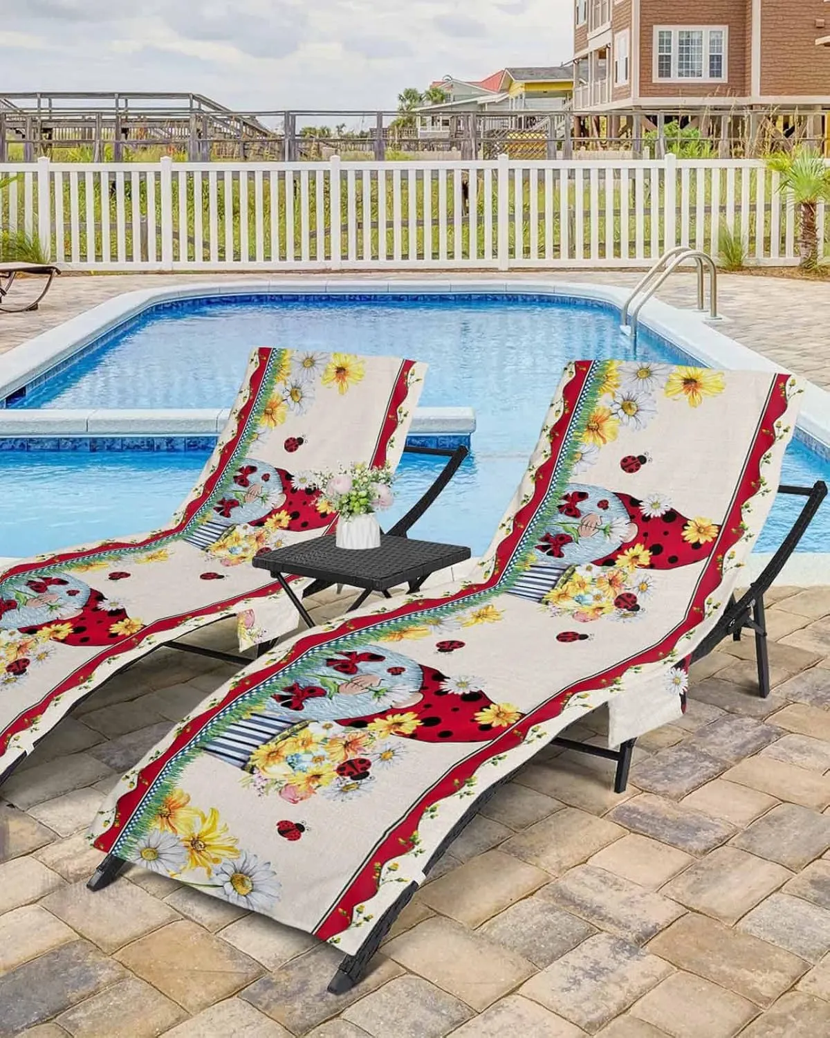 Ladybug Gnomes Chaise Lounger Cover with Pockets, Pool Lounge Chair Covers 85"x29", Summer Spring Flroal Tulip Microfiber Beach Chair Cover for Outdoor Patio Sunbathing