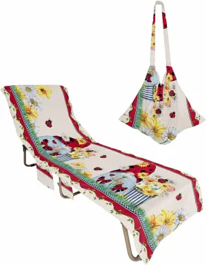 Ladybug Gnomes Chaise Lounger Cover with Pockets, Pool Lounge Chair Covers 85"x29", Summer Spring Flroal Tulip Microfiber Beach Chair Cover for Outdoor Patio Sunbathing