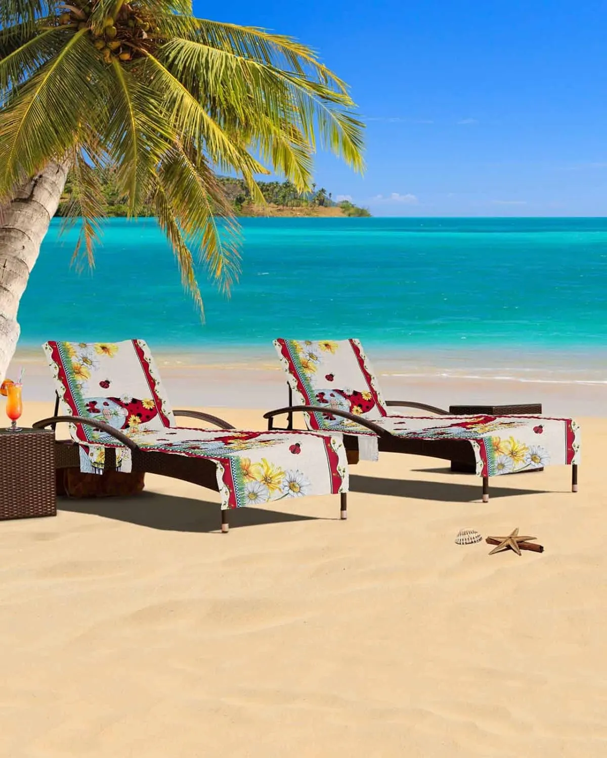 Ladybug Gnomes Chaise Lounger Cover with Pockets, Pool Lounge Chair Covers 85"x29", Summer Spring Flroal Tulip Microfiber Beach Chair Cover for Outdoor Patio Sunbathing
