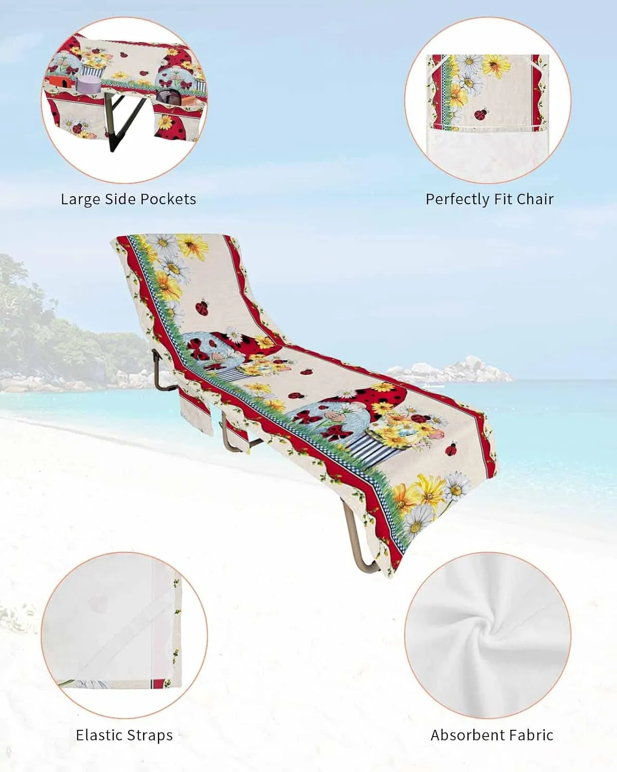 Ladybug Gnomes Chaise Lounger Cover with Pockets, Pool Lounge Chair Covers 85"x29", Summer Spring Flroal Tulip Microfiber Beach Chair Cover for Outdoor Patio Sunbathing
