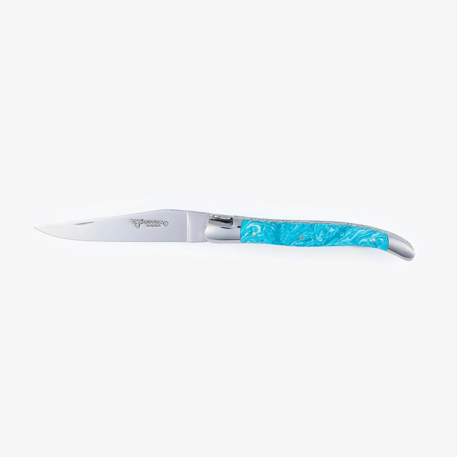 Laguiole en Aubrac Handmade Luxury Double Plate Folding Pocket Knife, 4.8-in (12cm). Genuine Larimar Handle, Hand Forged Bee, Stainless Steel Shiny Bolsters