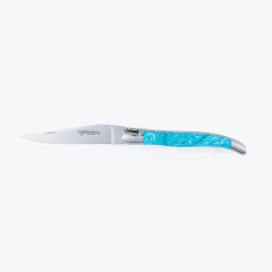 Laguiole en Aubrac Handmade Luxury Double Plate Folding Pocket Knife, 4.8-in (12cm). Genuine Larimar Handle, Hand Forged Bee, Stainless Steel Shiny Bolsters