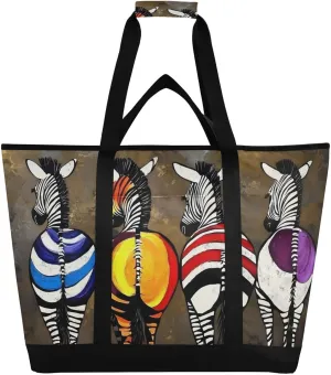 Large Insulated Reusable Tote Bag Abstruct Colorful Zebra for Grocery Shopping for Women Men, Cooler Bag with Zippered Top & Handles for Travel Beach Picnic