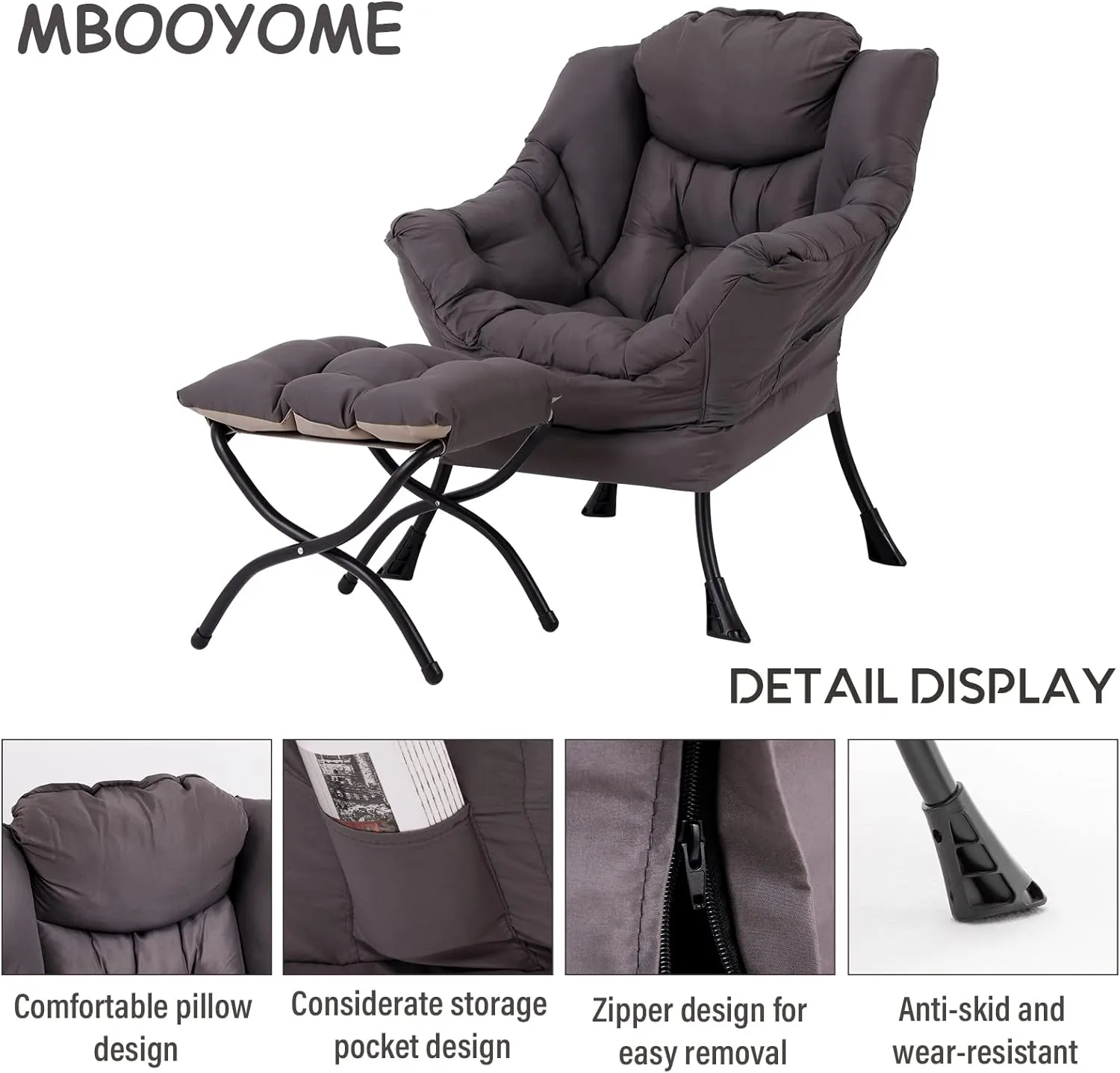 Lazy Chair with Ottoman, Modern Soft Reading Chair Accent Contemporary Lounge Leisure Sofa Chair with Armrests and a Side Pocket for Living Room, Bedroom, Dorm & Office, Dark Grey