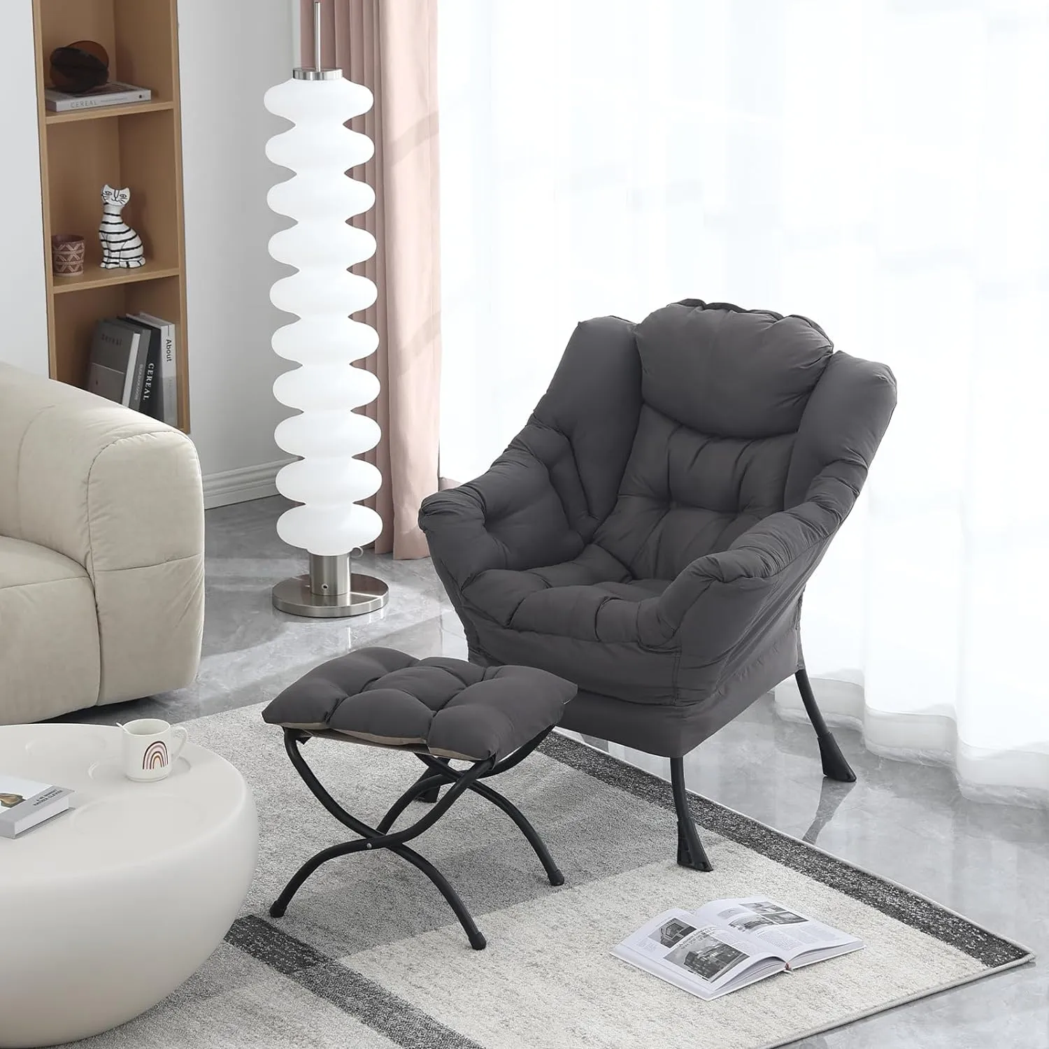 Lazy Chair with Ottoman, Modern Soft Reading Chair Accent Contemporary Lounge Leisure Sofa Chair with Armrests and a Side Pocket for Living Room, Bedroom, Dorm & Office, Dark Grey