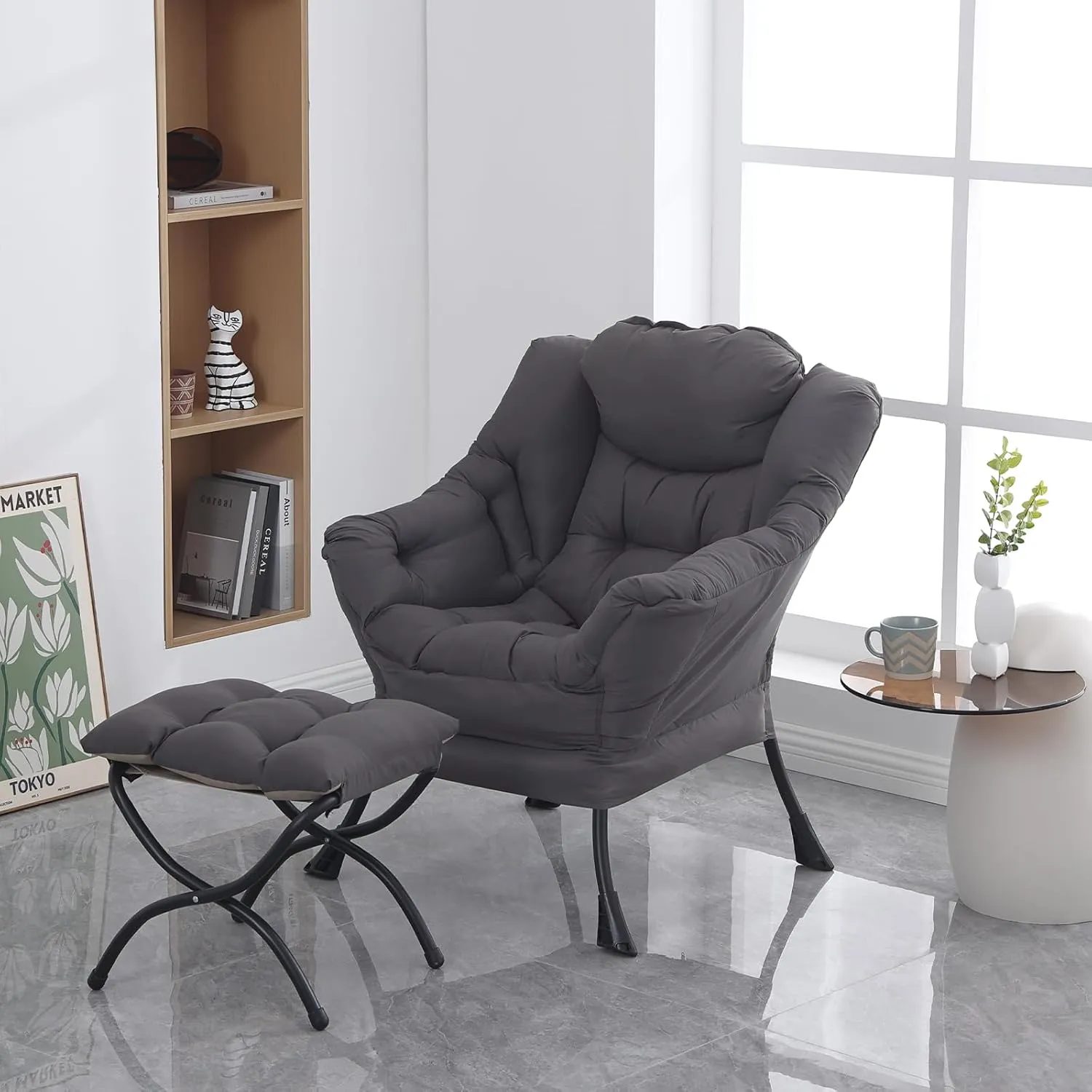 Lazy Chair with Ottoman, Modern Soft Reading Chair Accent Contemporary Lounge Leisure Sofa Chair with Armrests and a Side Pocket for Living Room, Bedroom, Dorm & Office, Dark Grey