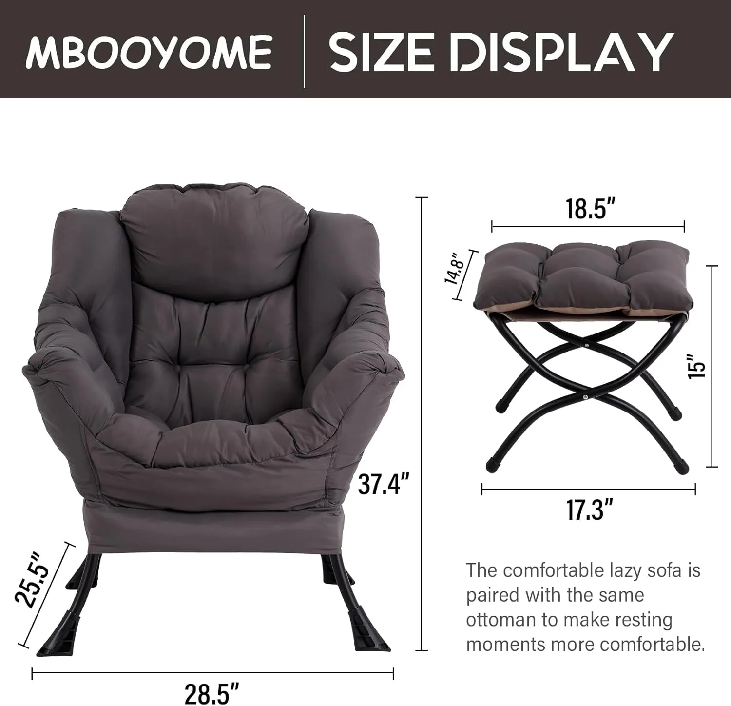Lazy Chair with Ottoman, Modern Soft Reading Chair Accent Contemporary Lounge Leisure Sofa Chair with Armrests and a Side Pocket for Living Room, Bedroom, Dorm & Office, Dark Grey
