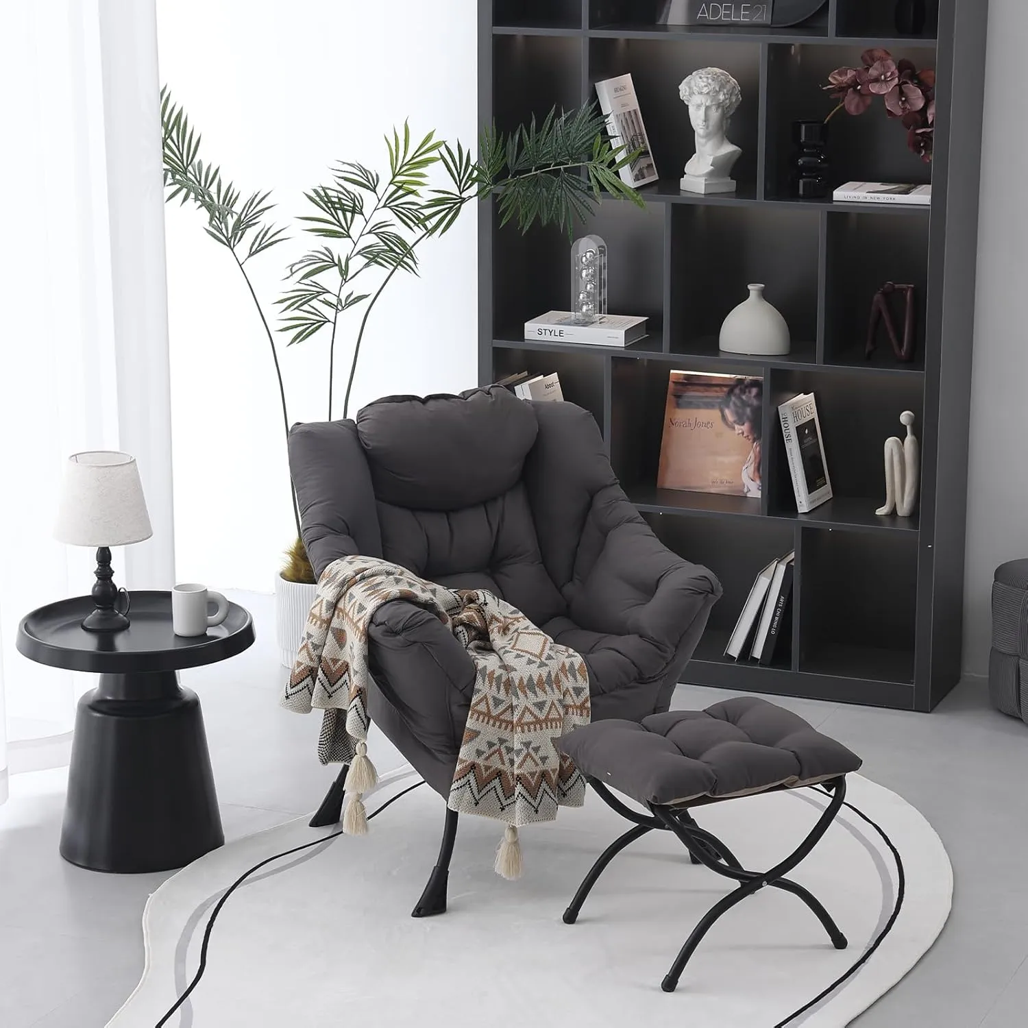Lazy Chair with Ottoman, Modern Soft Reading Chair Accent Contemporary Lounge Leisure Sofa Chair with Armrests and a Side Pocket for Living Room, Bedroom, Dorm & Office, Dark Grey