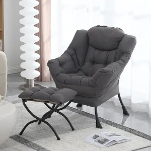 Lazy Chair with Ottoman, Modern Soft Reading Chair Accent Contemporary Lounge Leisure Sofa Chair with Armrests and a Side Pocket for Living Room, Bedroom, Dorm & Office, Dark Grey