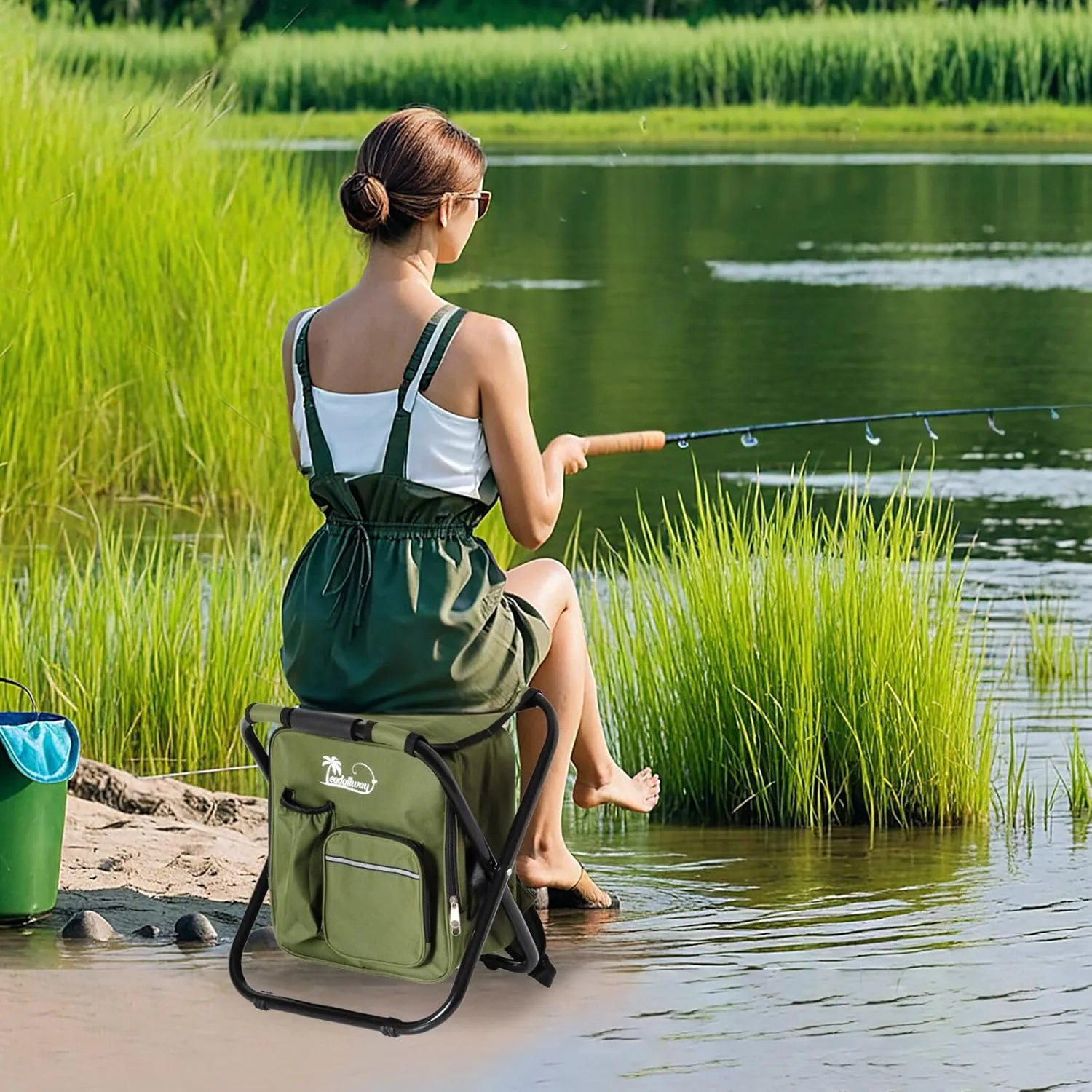 LEADALLWAY Backpack Fishing Chair with Cooler Bag Foldable Stool,Fishing Hunting Gifts for Men,Outdoor,Camping,Paints,BBQ,Beach,Picnic,Hiking,Concert,Green