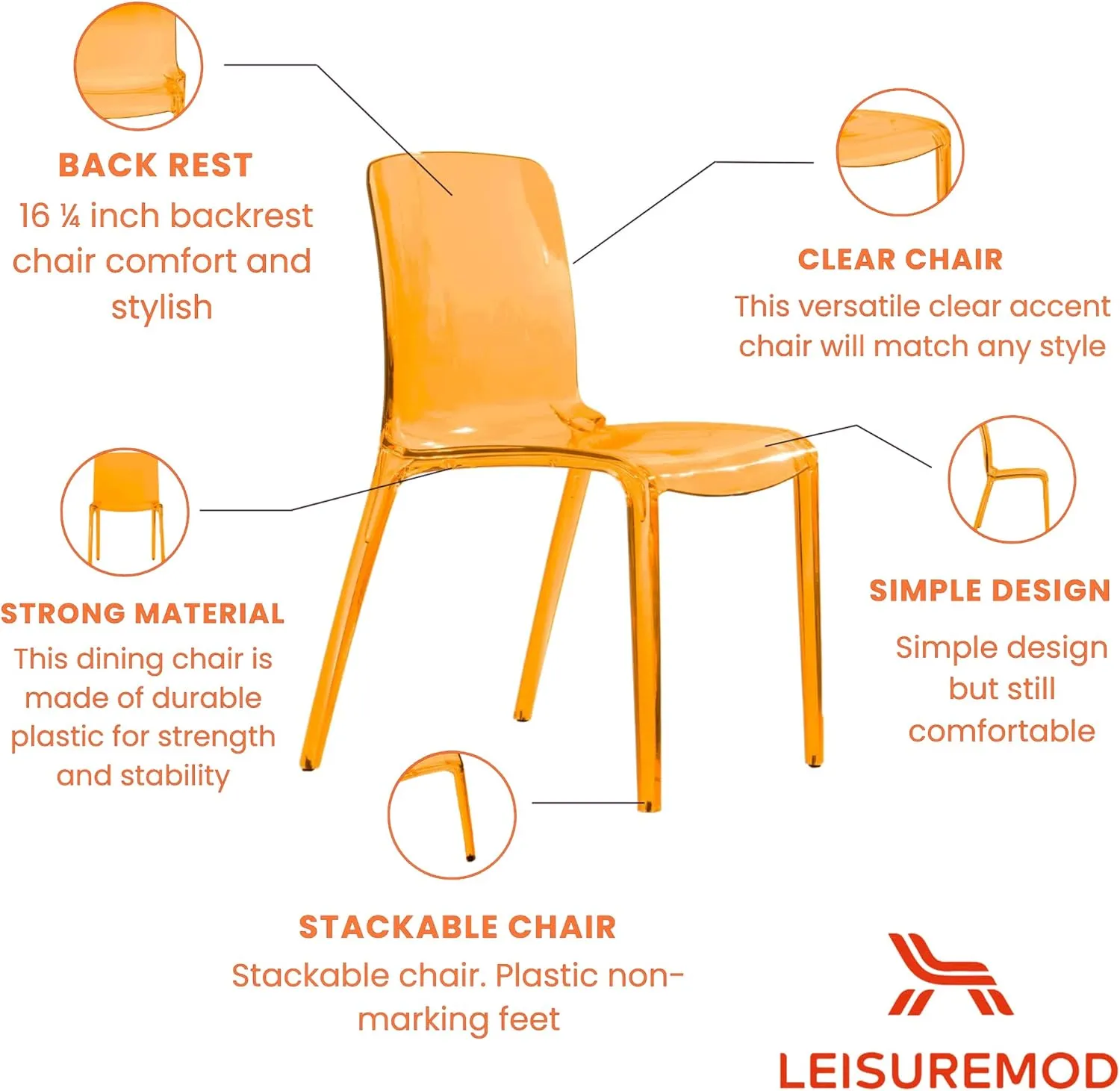 LeisureMod Mid-Century Modern Dining Chair, Transparent Orange Acrylic Accent Chair for Kitchen, Dining Room, and Contemporary Home Decor