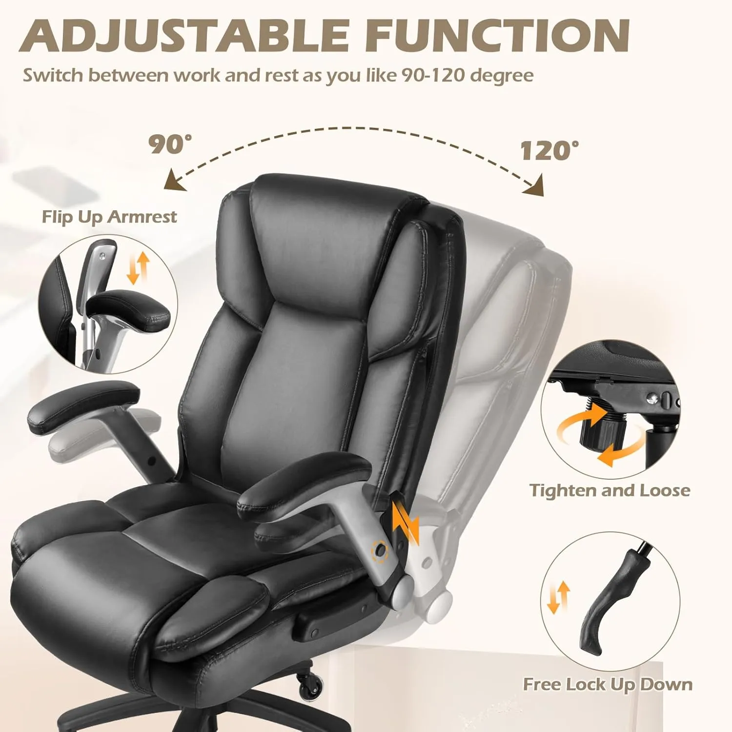 LEMBERI 600 Lbs Big and Tall Office Chair for Heavy People, Ergonomic PU Leather High Back Executive Comfy Computer Chair with Lumbar Support, Heavy Duty Wide Seat Thick Padded Office Chairs (Black)