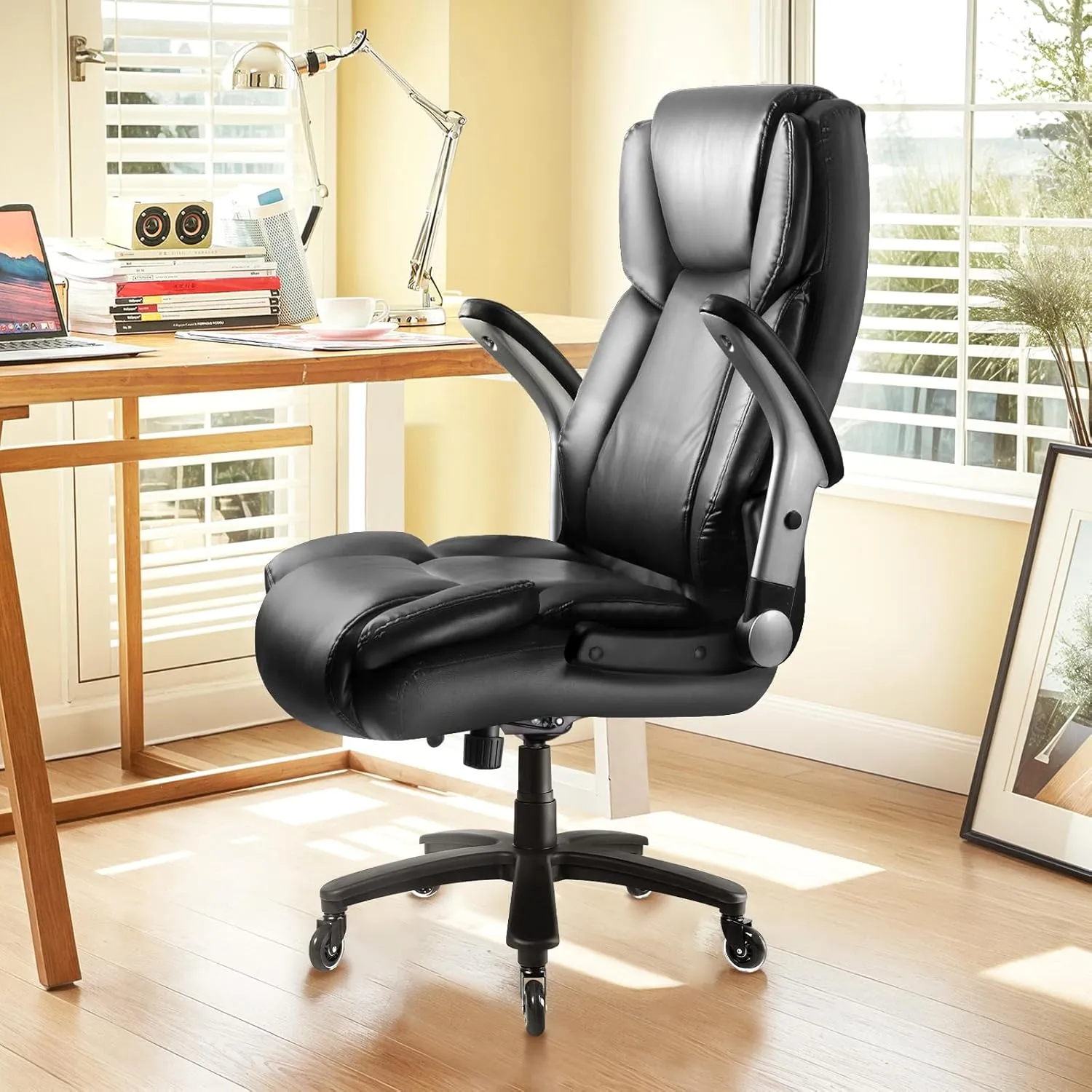 LEMBERI 600 Lbs Big and Tall Office Chair for Heavy People, Ergonomic PU Leather High Back Executive Comfy Computer Chair with Lumbar Support, Heavy Duty Wide Seat Thick Padded Office Chairs (Black)