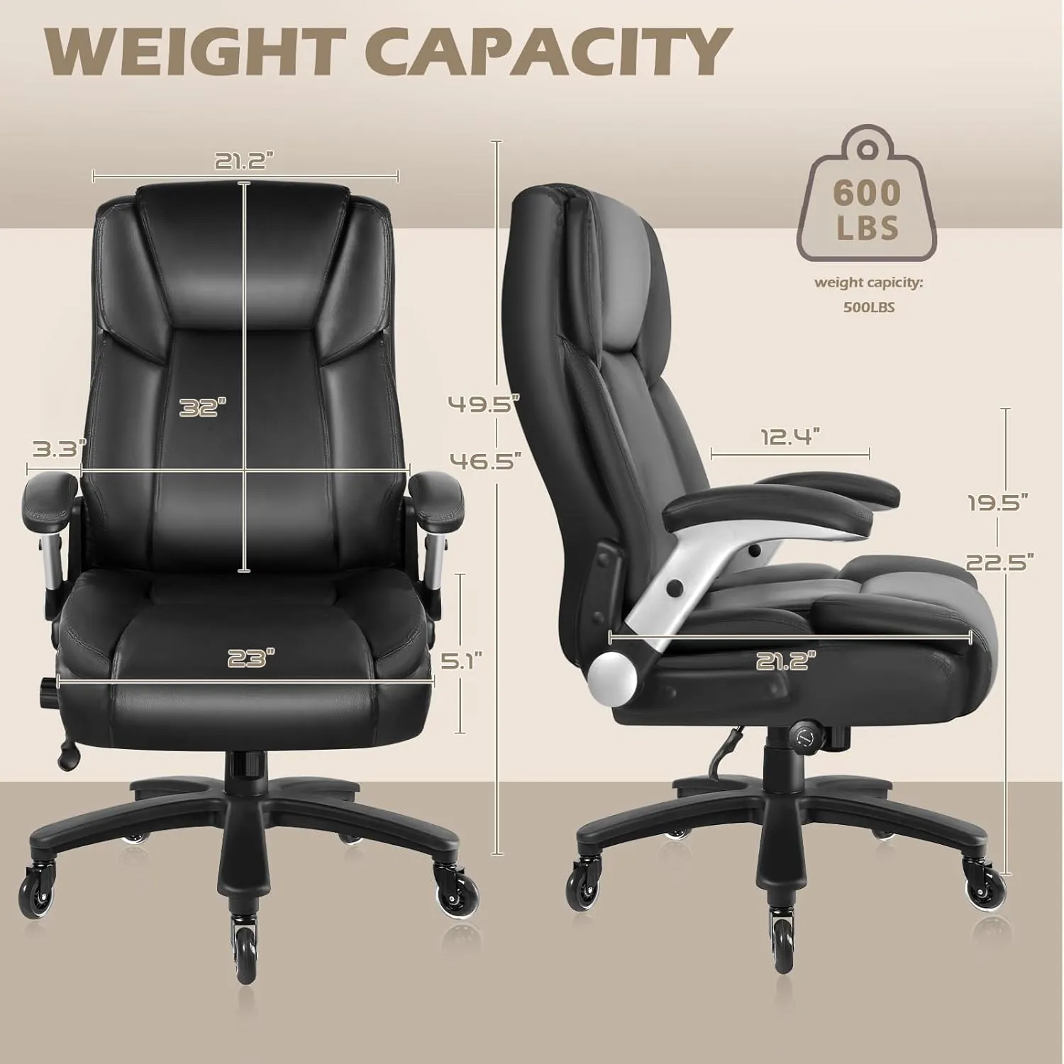LEMBERI 600 Lbs Big and Tall Office Chair for Heavy People, Ergonomic PU Leather High Back Executive Comfy Computer Chair with Lumbar Support, Heavy Duty Wide Seat Thick Padded Office Chairs (Black)