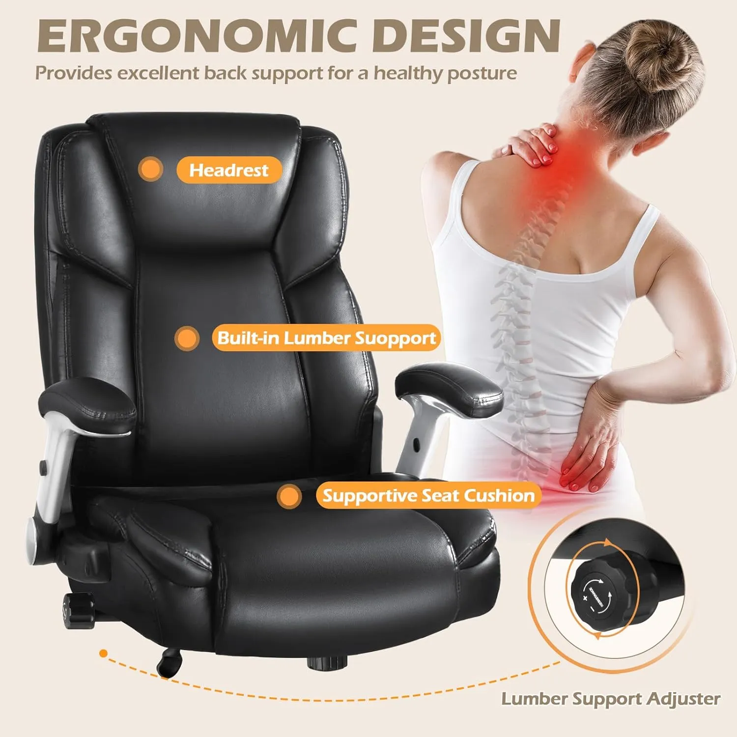LEMBERI 600 Lbs Big and Tall Office Chair for Heavy People, Ergonomic PU Leather High Back Executive Comfy Computer Chair with Lumbar Support, Heavy Duty Wide Seat Thick Padded Office Chairs (Black)