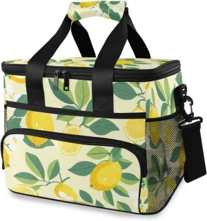 Lemon Flower Green Leaves Yellow Cooler Bag Insulated Cooler Soft Sided Cooler 24 Can Portable Picnic Bag Large Leakproof Lunch Bag Box for Beach Grocery Camping Travel Car Men Women