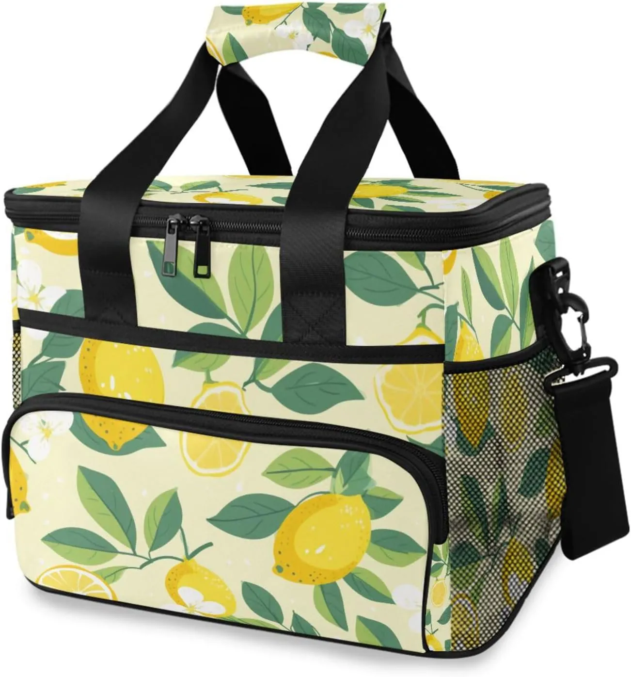 Lemon Flower Green Leaves Yellow Cooler Bag Insulated Cooler Soft Sided Cooler 24 Can Portable Picnic Bag Large Leakproof Lunch Bag Box for Beach Grocery Camping Travel Car Men Women