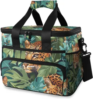 Leopard Animal Tropical Leaves Cooler Bag Insulated Cooler Soft Sided Cooler 24 Can Portable Picnic Bag Large Leakproof Lunch Bag Box for Beach Grocery Camping Travel Car Men Women