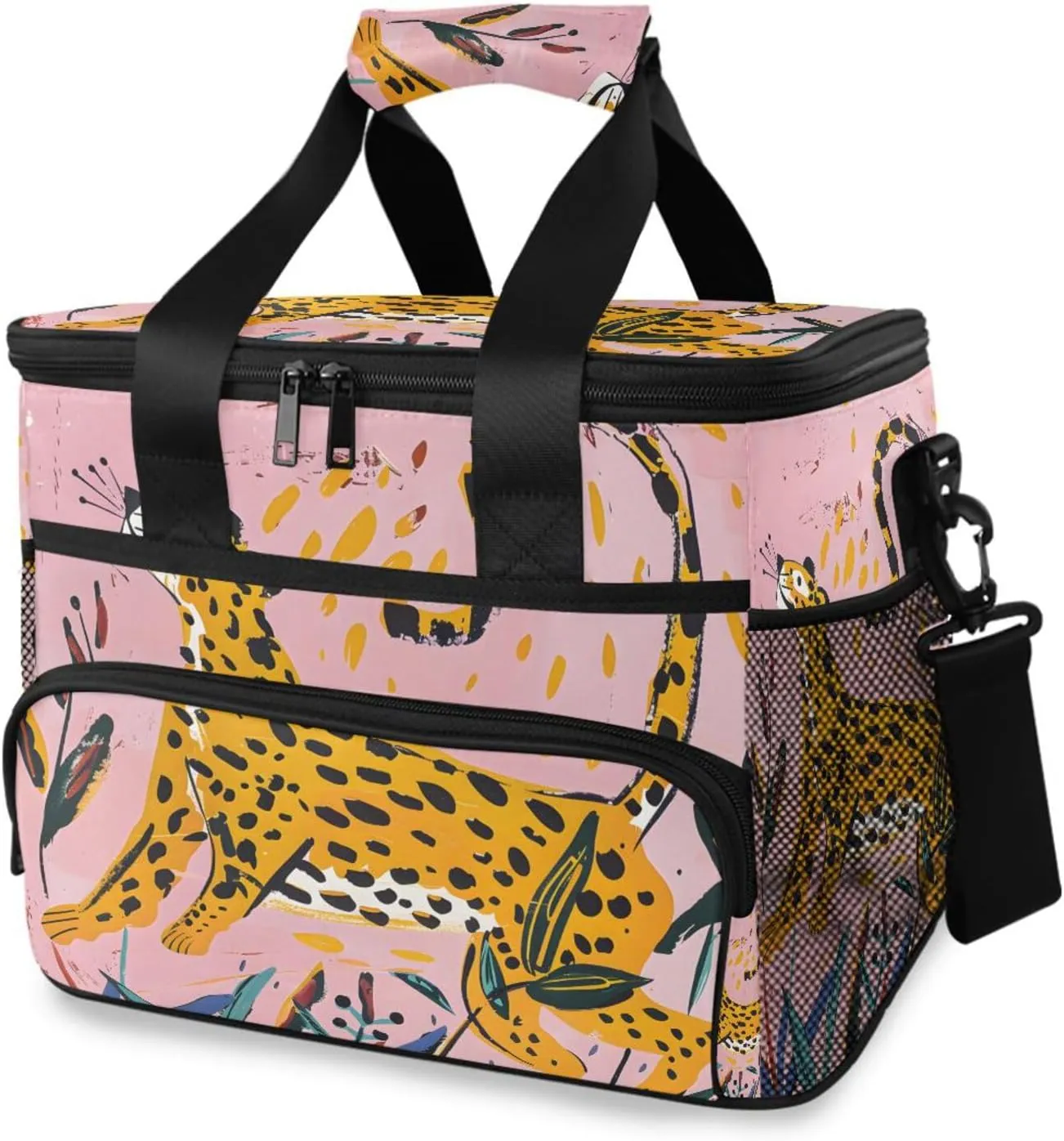 Leopard Forest Animal Pink Cooler Bag Insulated Cooler Soft Sided Cooler 24 Can Portable Picnic Bag Large Leakproof Lunch Bag Box for Beach Grocery Camping Travel Car Men Women