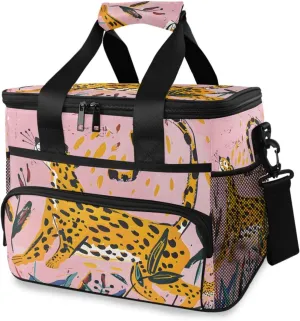 Leopard Forest Animal Pink Cooler Bag Insulated Cooler Soft Sided Cooler 24 Can Portable Picnic Bag Large Leakproof Lunch Bag Box for Beach Grocery Camping Travel Car Men Women