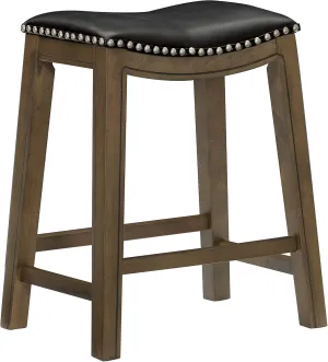 Lexicon Alviso Solid Wood Stools, 26-Inch Counter Height Upholstered Padded Saddle Counter Stools, Faux Leather, Easy Assembly Narrow Solid Wood Frame, Nickel Nailhead, Modern Rustic - Black