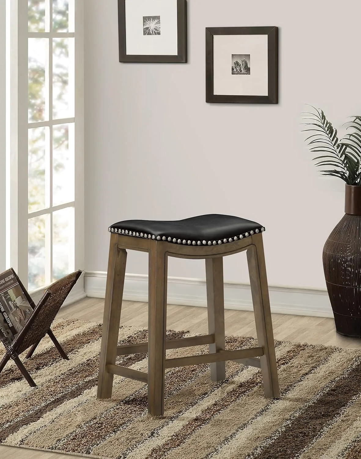 Lexicon Alviso Solid Wood Stools, 26-Inch Counter Height Upholstered Padded Saddle Counter Stools, Faux Leather, Easy Assembly Narrow Solid Wood Frame, Nickel Nailhead, Modern Rustic - Black