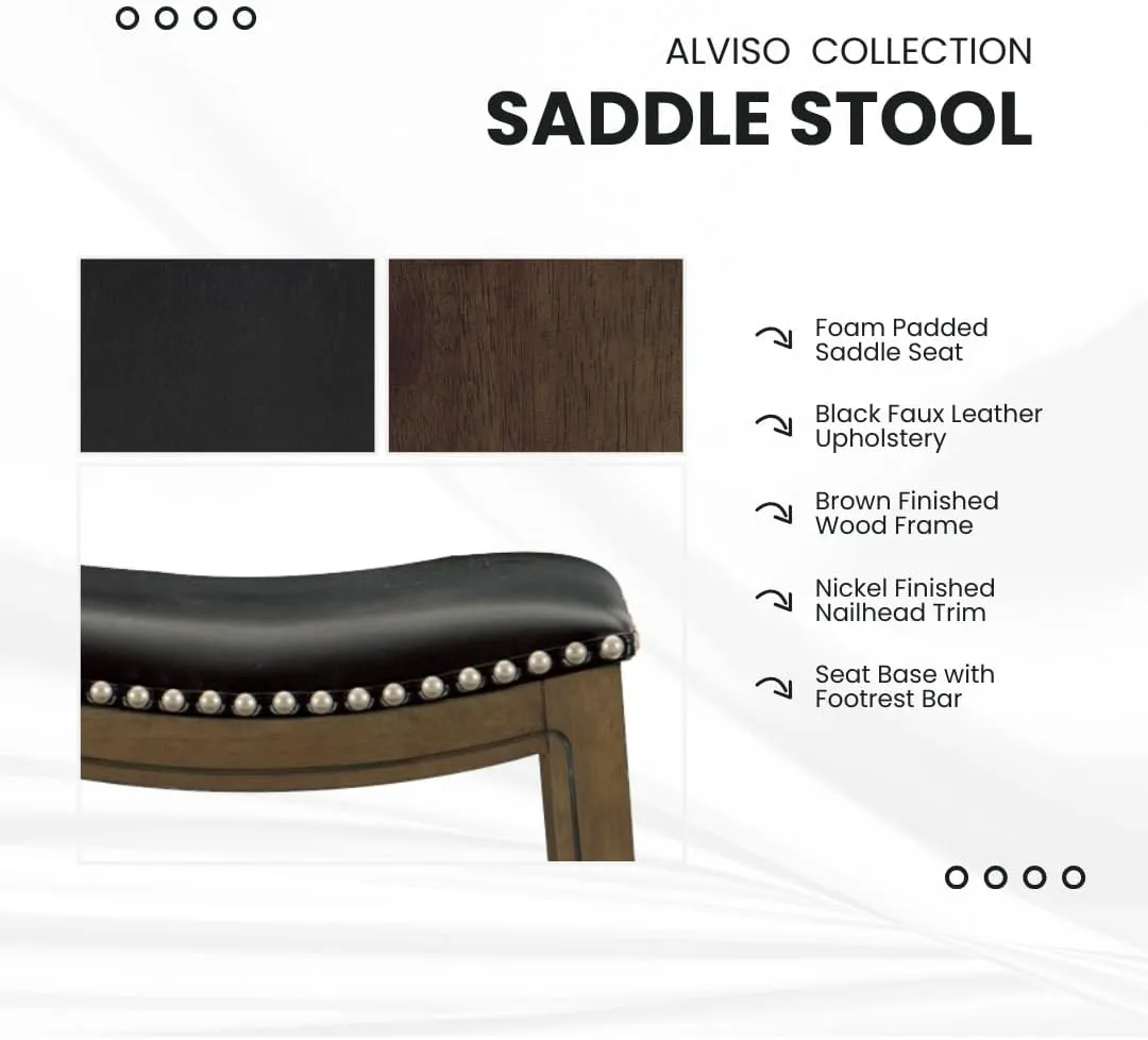 Lexicon Alviso Solid Wood Stools, 26-Inch Counter Height Upholstered Padded Saddle Counter Stools, Faux Leather, Easy Assembly Narrow Solid Wood Frame, Nickel Nailhead, Modern Rustic - Black