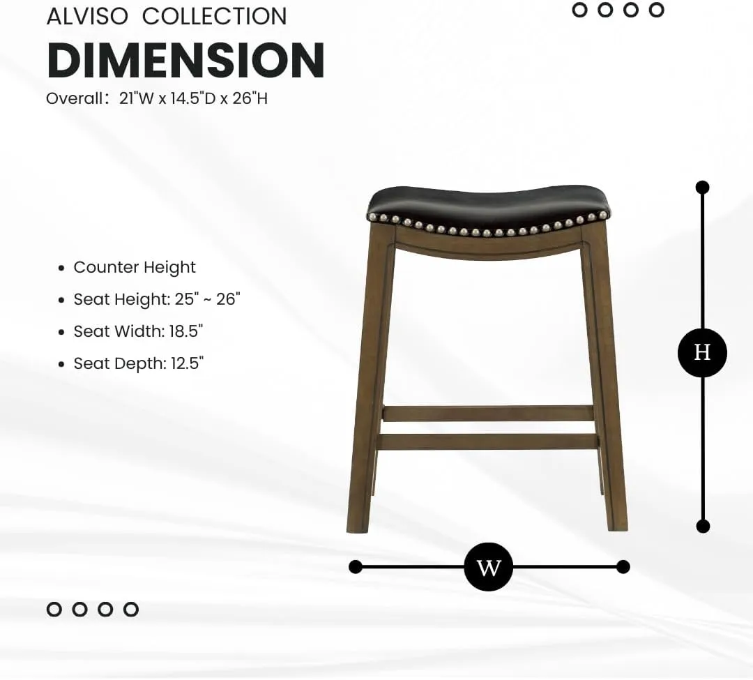 Lexicon Alviso Solid Wood Stools, 26-Inch Counter Height Upholstered Padded Saddle Counter Stools, Faux Leather, Easy Assembly Narrow Solid Wood Frame, Nickel Nailhead, Modern Rustic - Black