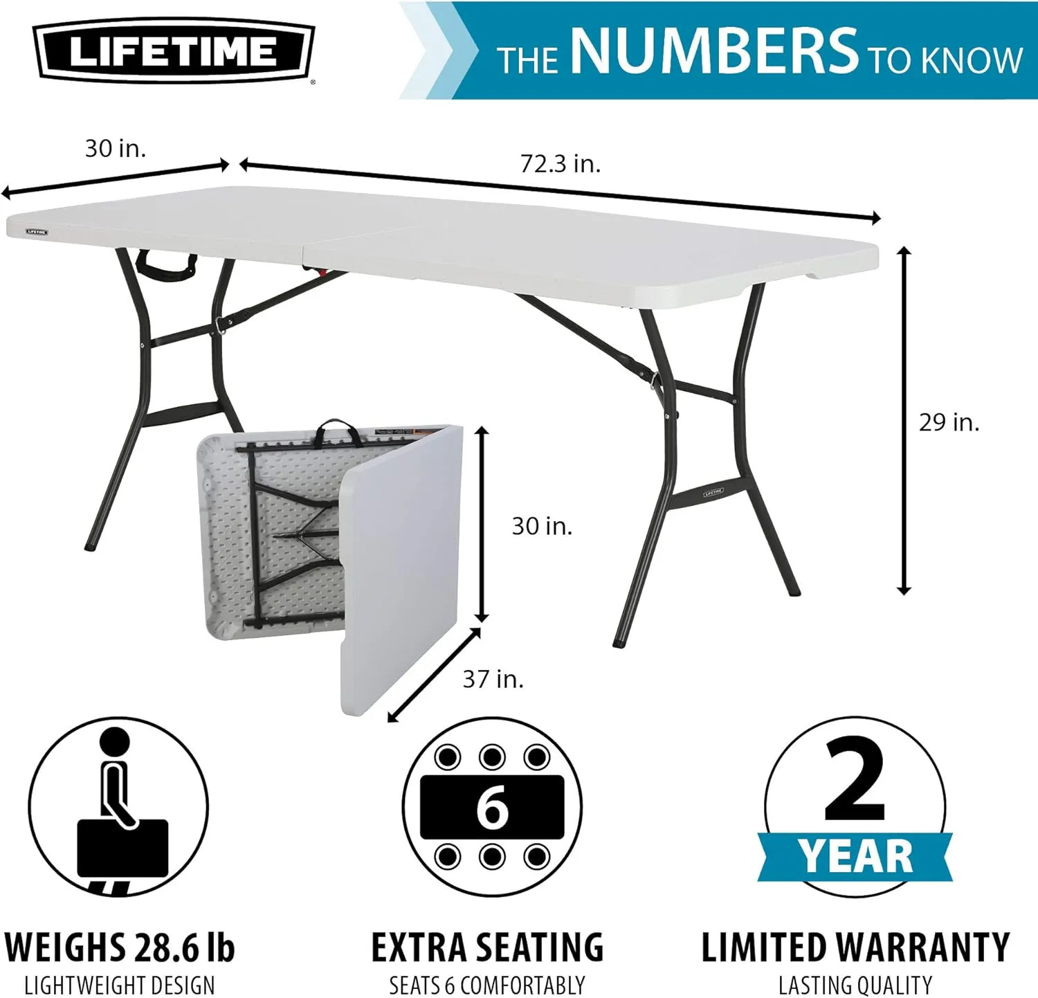 Lifetime 25011 Fold in Half Commercial Table, 6 Feet, White Granite