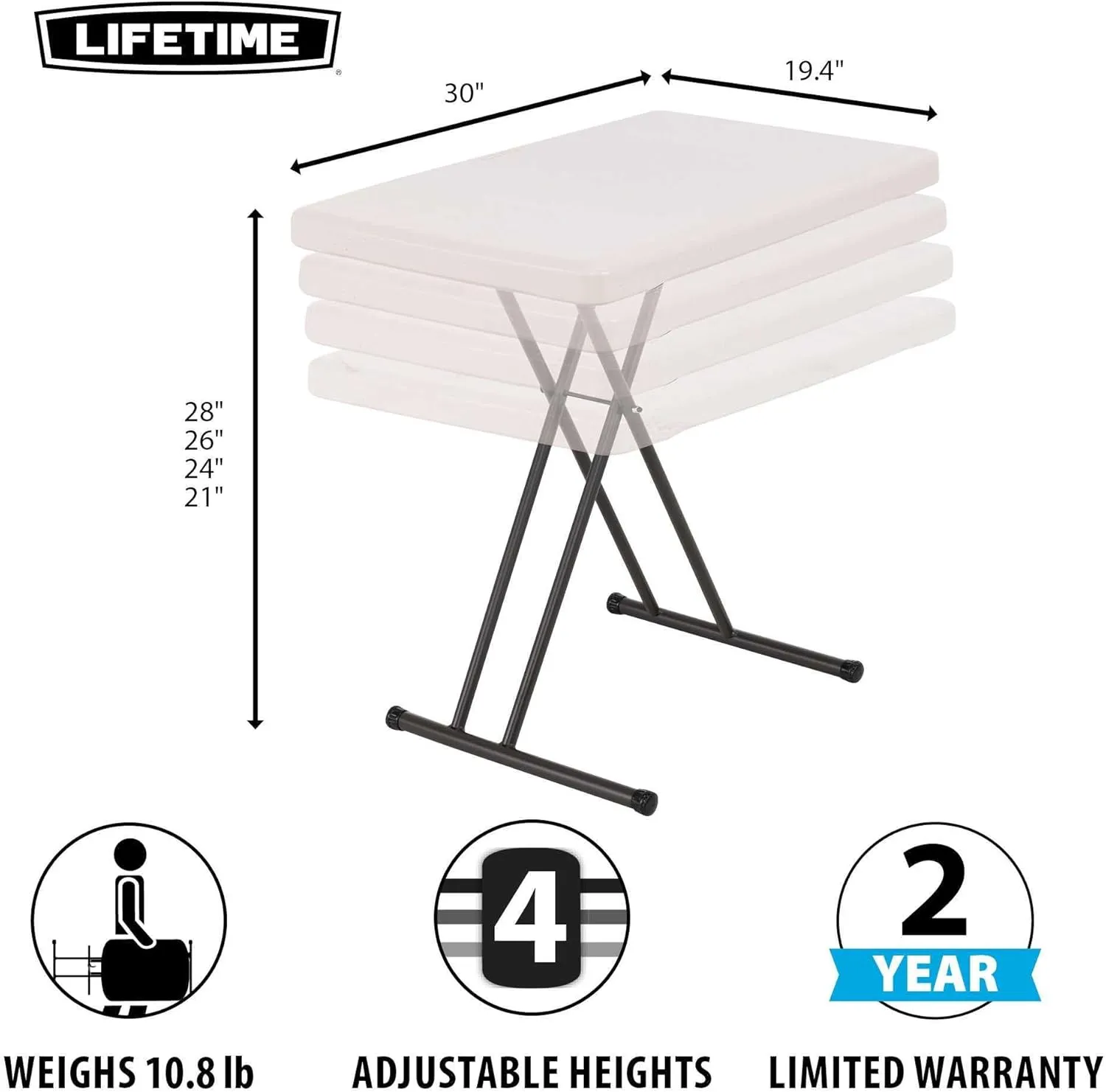 Lifetime 28240 Adjustable Folding Laptop Table TV Tray, 30 Inch Almond