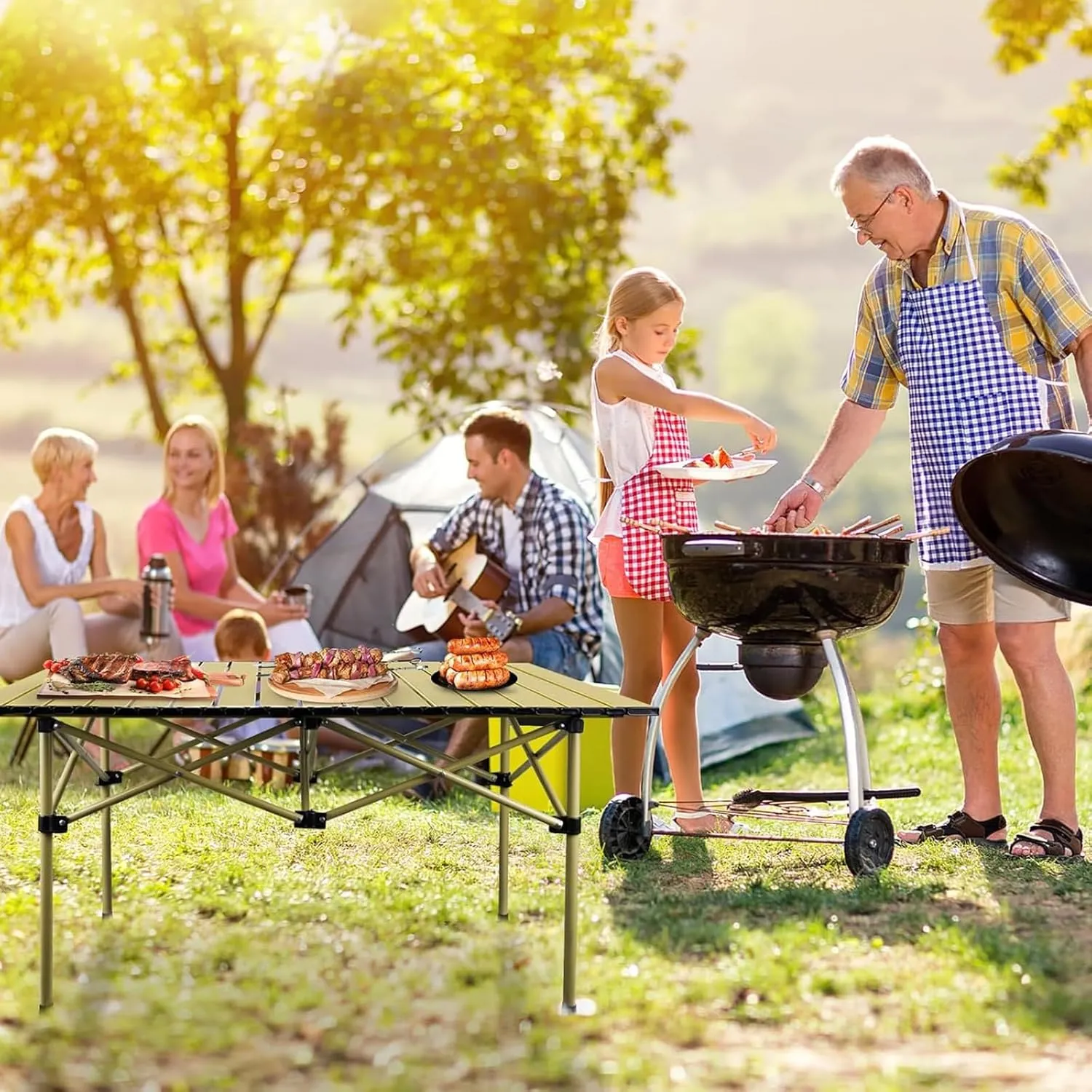 Lightweight Aluminum Folding Camping Table, 4-6 Person Portable Roll-up Beach Table with Carry Bag for Outdoor Picnic BBQ Backyard Party, Support 110lbs