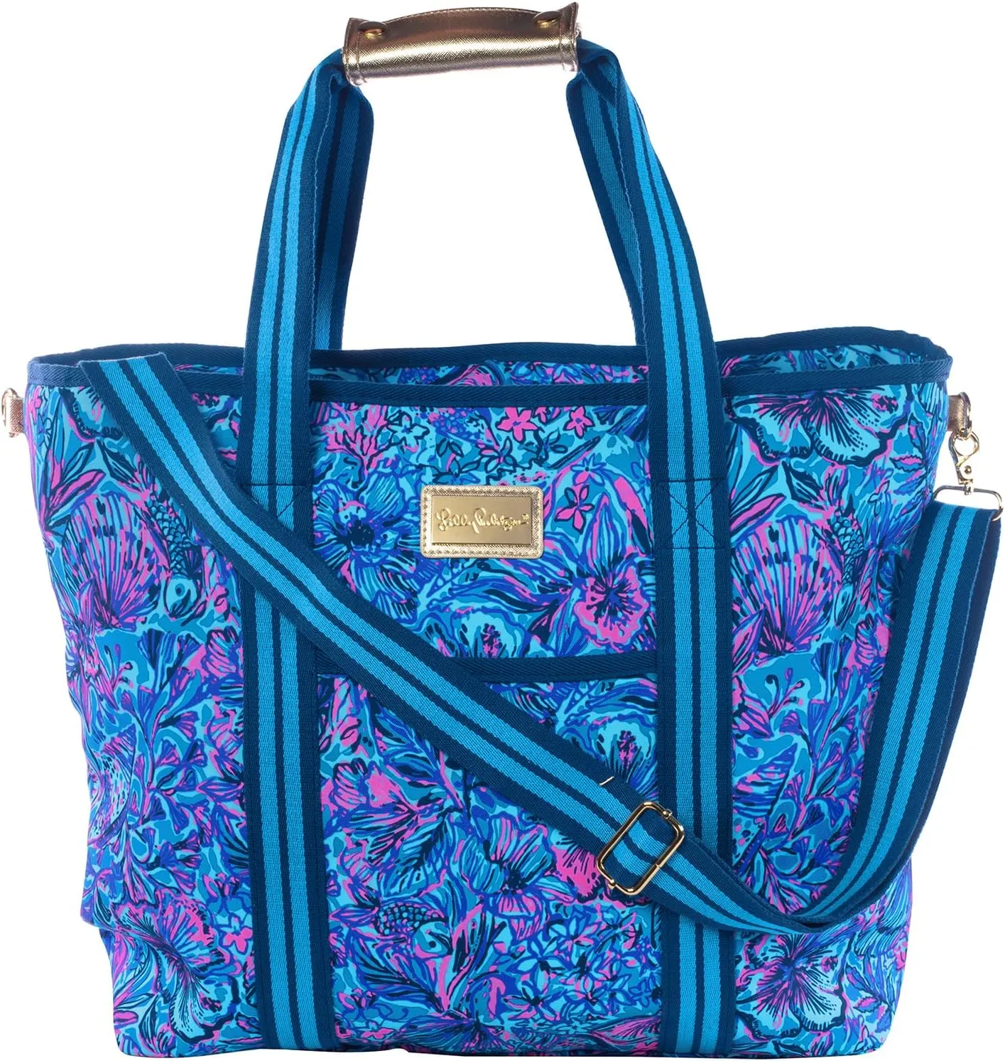 Lilly Pulitzer Blue Picnic and Beach Cooler, Insulated Bag with Adjustable Shoulder Strap and Zipper, Large Soft Cooler for Groceries or Travel, Shells N Bells