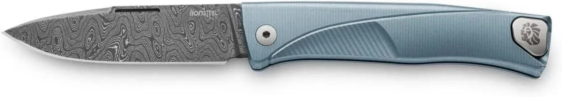 Lion Steel Thrill Slip-Joint TL D BL Knife Stainless Damascus and Blue Titanium Pocket Knives