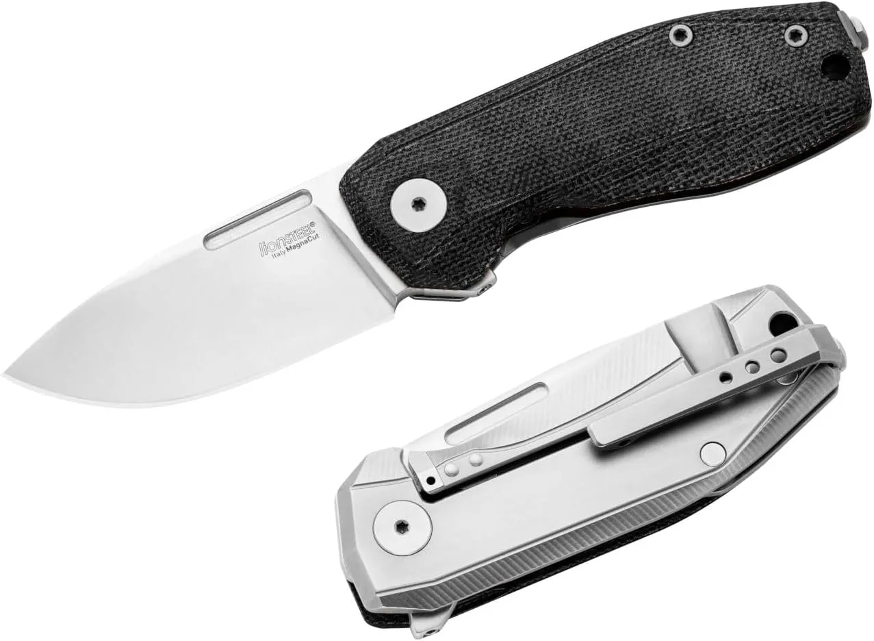 LionSTEEL NANO Titanium Frame Lock Folding Pocket Knife, Magnacut Steel Blade, Solid Handle Construction, Drop Point, Made in Italy (Black Micarta)