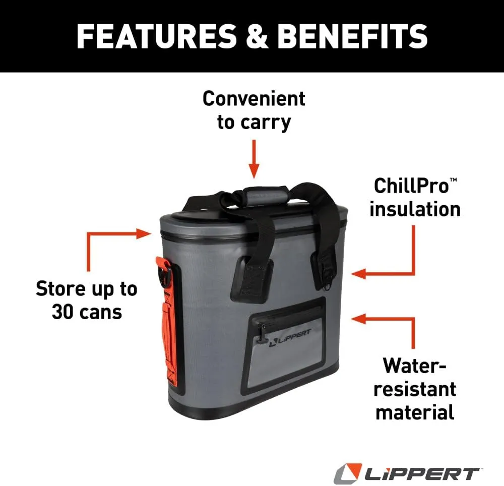 Lippert Adventure Pro 30-Can Soft Insulated Cooler Tote Bag, Up to 20 lbs. of Ice, 22-1/2 Quarts of Water, 8-1/4" x 20" x 17-1/2" Wide Mouth Opening, Padded Handle & Shoulder Strap - 2021099913