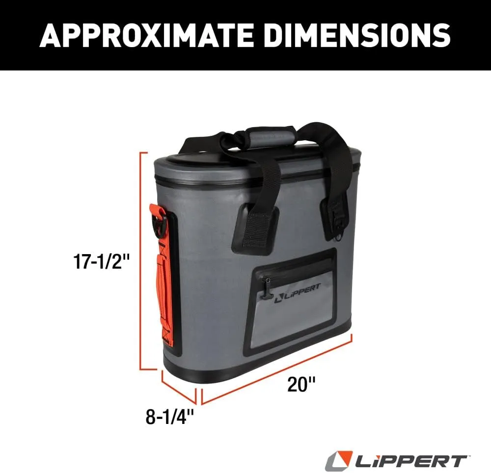 Lippert Adventure Pro 30-Can Soft Insulated Cooler Tote Bag, Up to 20 lbs. of Ice, 22-1/2 Quarts of Water, 8-1/4" x 20" x 17-1/2" Wide Mouth Opening, Padded Handle & Shoulder Strap - 2021099913