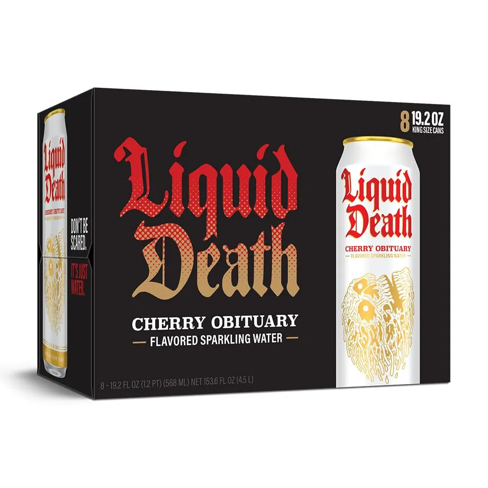 Liquid Death, Cherry Obituary, Cherry-Flavored Sparkling Water, 8-Pack (19.2oz Cans), Low Calorie & No Artificial Sweeteners