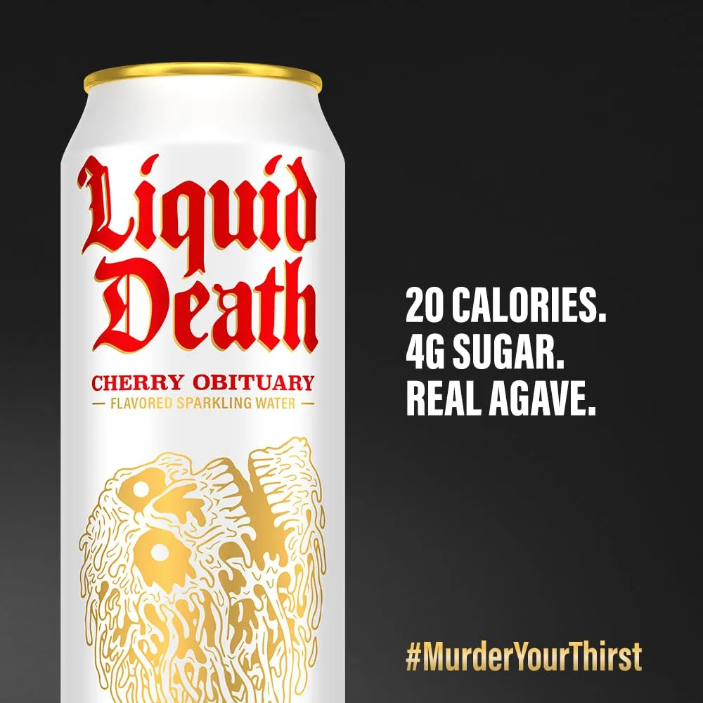 Liquid Death, Cherry Obituary, Cherry-Flavored Sparkling Water, 8-Pack (19.2oz Cans), Low Calorie & No Artificial Sweeteners