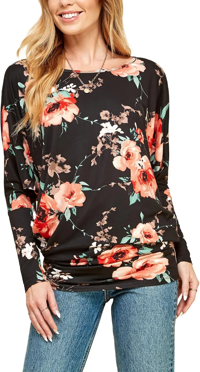 Lock and Love Women's Casual Flowy Draped Long Sleeve Batwing Dolman Top – Soft & Comfortable Loose Fit Pullover
