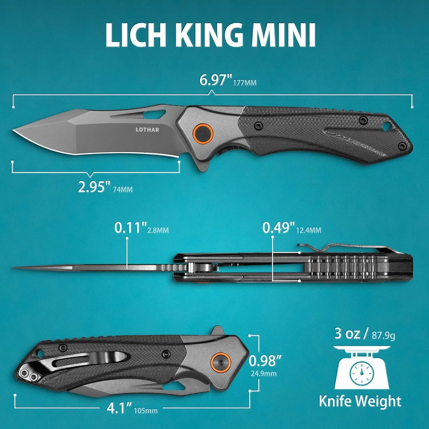 LOTHAR Lich King Mini Pocket Knife for Men,2.95” D2 Steel EDC Folding Knife with Clip, G10 Handle, Tactical Knife for Camping, Survival, Outdoor Gear, Gifts for Men Women (BLACK MINI)