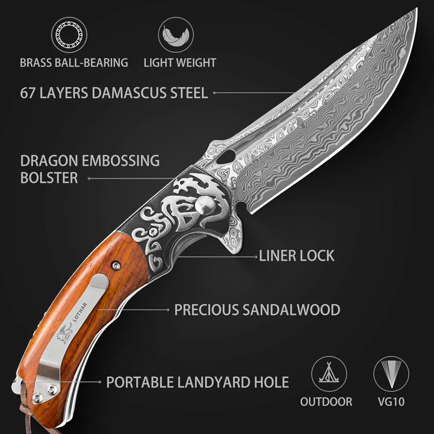 LOTHAR RHAEGAL Damascus Pocket Knife for Men, Handmade Forged VG10 Damascus Folding Knife with Sandalwood, Retro Leather Sheath, Pocket Clip, Men Gifts for Birthday, Christmas, Father's Day, Valentines Day (Yellow Sandalwood)