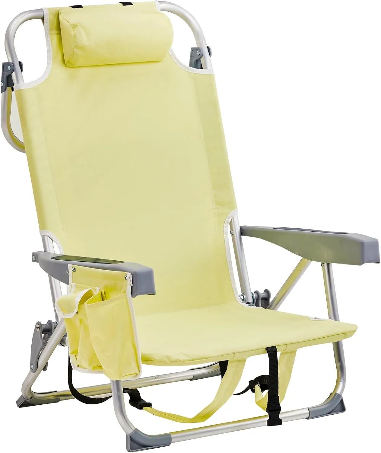 Low Beach Chair 5 Position Lay Flat, Portable Folding Camping Backpack Beach Chairs Heavy Duty with Cooler Bag, Cup Holder for Outdoor/Lawn/Trip/Picnic/Fishing Yellow
