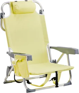Low Beach Chair 5 Position Lay Flat, Portable Folding Camping Backpack Beach Chairs Heavy Duty with Cooler Bag, Cup Holder for Outdoor/Lawn/Trip/Picnic/Fishing Yellow