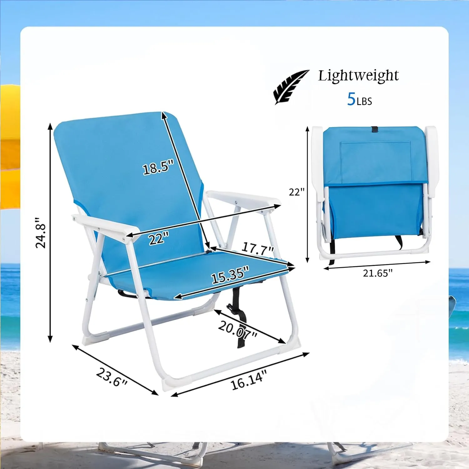 Low Beach Chair Small Camping Chairs Portable Lightweight Backpack Chair Blue Fishing Lawn Foldable Chair for Sporting Events and Tailgating,Supports up to 220Lbs,22"" x 23.6"" x 24.8""