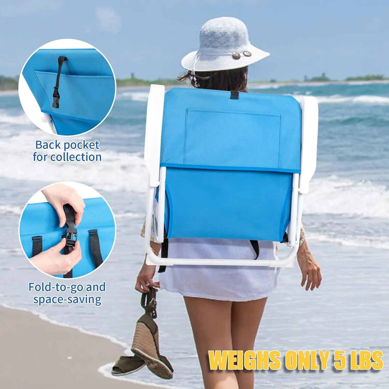 Low Beach Chair Small Camping Chairs Portable Lightweight Backpack Chair Blue Fishing Lawn Foldable Chair for Sporting Events and Tailgating,Supports up to 220Lbs,22"" x 23.6"" x 24.8""