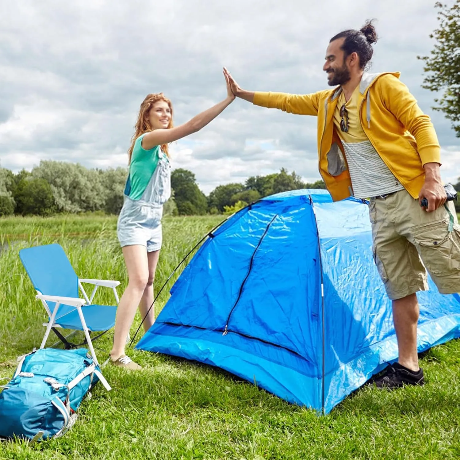 Low Beach Chair Small Camping Chairs Portable Lightweight Backpack Chair Blue Fishing Lawn Foldable Chair for Sporting Events and Tailgating,Supports up to 220Lbs,22"" x 23.6"" x 24.8""